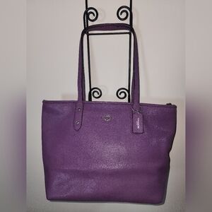 Coach New York City Zip Purple Leather Tote Silver Hardware